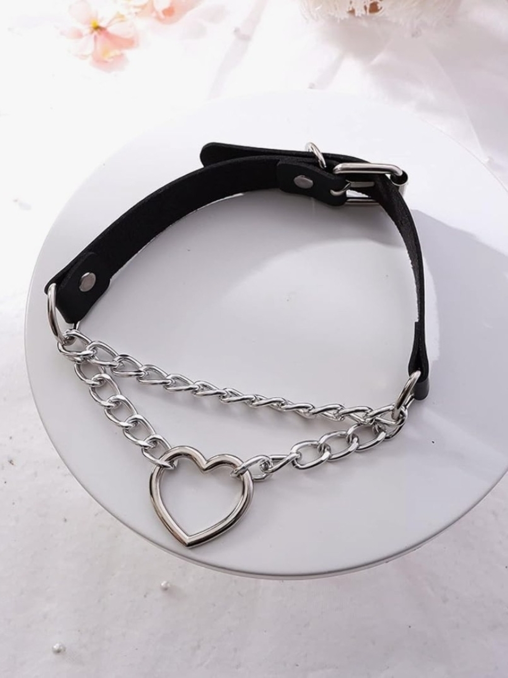 New! Black Faux Leather Chain Heart Choker Necklace Goth Punk Y2K